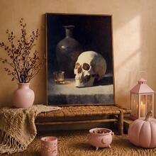 1pc Canvas Wall Art, Framed Wall Decor, Dark Academia Vintage Skull & Whiskey Bottle Still Life Oil Painting Canvas Wall Art, Gothic Gloomy Death Symbol Decor Painting, Suitable For Living Room, Bar, Study, Country Cottage Home Decor, Gift Option, Room Decor, Halloween Bedroom Decor, Home Decor, Horror Gothic Halloween Poster, Halloween Gift - Vintage Skull - View 9