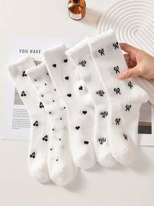 5 Pairs White Women's Mid-Calf Socks With Bow, Polka Dot, Cherry Patterns, Suitable For All Seasons - White - View 5