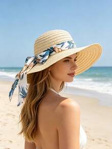 2pcs/1pc Summer Wide Brim Straw Hat For Women, Minimalist Fashion Lace Ribbon Beach Vacation Sun Protection Hat - Straw Hat - View 3