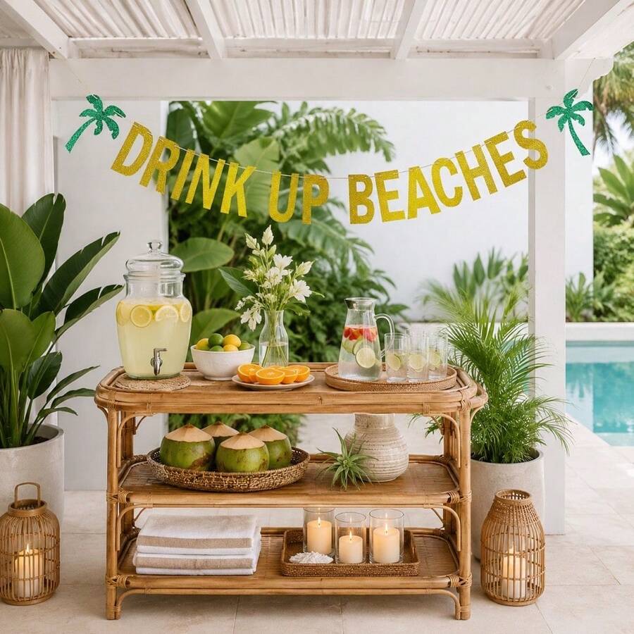 1 Set lustiges DIY-Banner "Drink Up Beaches" in Goldglitzer für Junggesellinnenabschied, glitzernde tropische Girlande, Sommer-Luau-Tropenparty-Banner, Palmen-Fotorequisite-Deko für Trip-Wochenende, Palmen-Partydekoration für Brautparty und Urlaub - Mehrfarbig - Übersicht 1