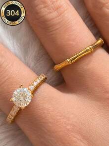 2 Peças/Conjunto Anéis de Luxo Femininos Banhados a Ouro 18K com Junta de Bambu, Aço Inoxidável 304, À Prova d'Água, Hipoalergênico, Presente para Chuveiro, Natal, Ano Novo, Aniversário, Proposta, Aniversário para Namorada e Melhor Amiga - Dourado - Visão 3