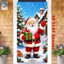 2D Flat 1 Christmas Themed Banner Background, Santa Claus Holding Gift Pattern, Paired With Christmas Tree, Snow Hut, Falling Snowflakes, Made Of Polyester Material, No Need For Power Supply, Convenient To Use - View 3