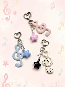 1pc Korean Ins Vintage Sweet Polka Dot Fabric Musical Note Keychain, Pentagram Heart Star Musical Note Bag Charm - Multicolor - View 5