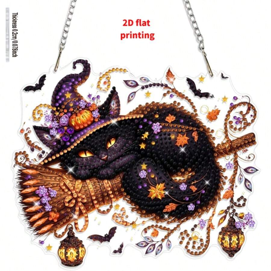 Halloween Diamant Malerei Fensterszene Bild, Schwarze Katze Diamant Malerei Anhänger mit Kette, Diamant Malerei Kristall Fensterszene Bild Wandbehang Set für Eingang Fenster Dekoration - Übersicht 1