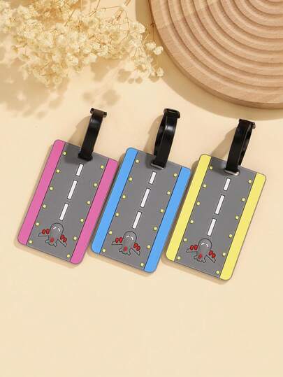 3pcs Runway Colorblock Kids PVC Travel Luggage Tags, Pink Blue Yellow Three-Color Runway With Cartoon Airplane Design, Fresh And Healing. Soft Rubber Material Waterproof And Wear-Resistant, Leather Strap Sturdy And Not Easy To Fall Off, Built-In Privacy Information Card, Colorblock Side With Outstanding Recognition. Simple Kids Style Suitable For Family Travel, Student Short-Distance Trips, As A Travel Gift With Romantic Vibe Of Going Far Away, Combining Aesthetics And Practicality.