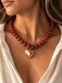 1 pieza Collar bohemio exagerado de cuentas de resina coloridas, collar corto con colgante de corazón dorado, collar de cuentas grandes elegante y de moda para mujer - Marrón - Ver 1