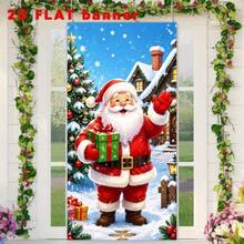2D Flat 1 Christmas Themed Banner Background, Santa Claus Holding Gift Pattern, Paired With Christmas Tree, Snow Hut, Falling Snowflakes, Made Of Polyester Material, No Need For Power Supply, Convenient To Use - View 6
