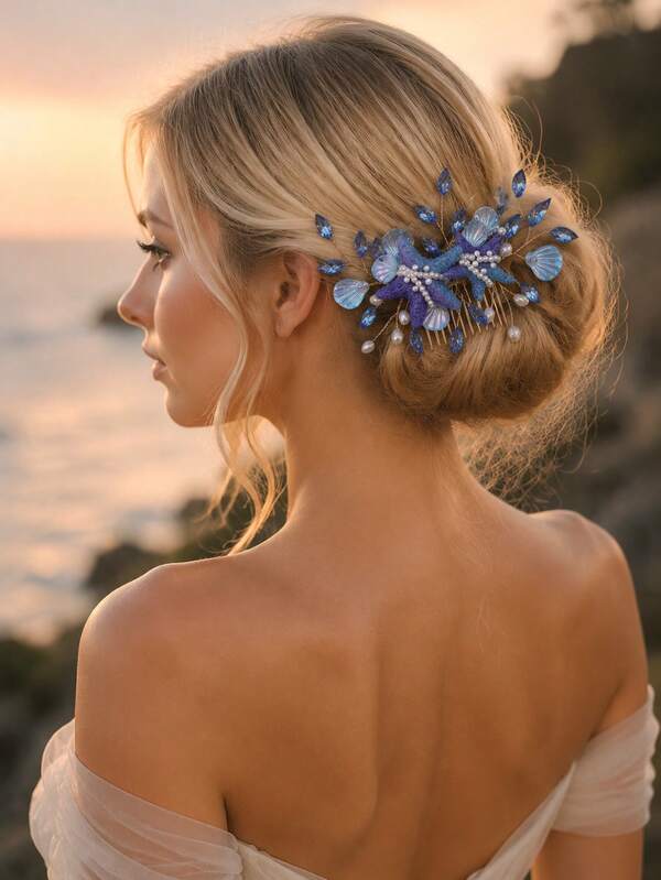 KOVLYNE 1Pc Ocean Starfish Crystal Hair Comb – Blue Purple Mermaid Bridal Hair Accessories With Pearls & Rhinestones For Women Wedding & Party