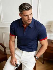 Men's Summer Solid Color Short Sleeve Casual Button Polo Shirt, Suitable For Golf Sports, Black Polo Shirt - Navy Blue - View 1