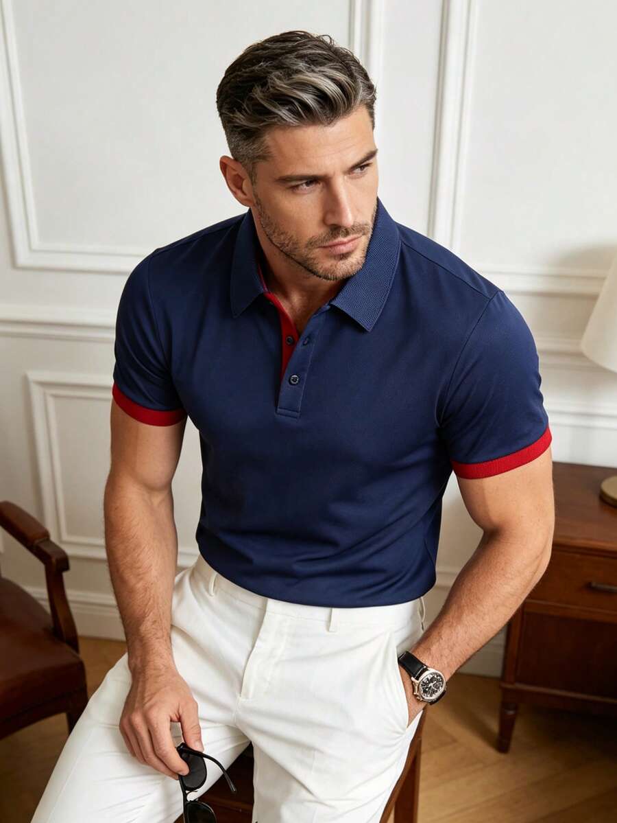 Men's Summer Solid Color Short Sleeve Casual Button Polo Shirt, Suitable For Golf Sports, Black Polo Shirt - Navy Blue - View 1