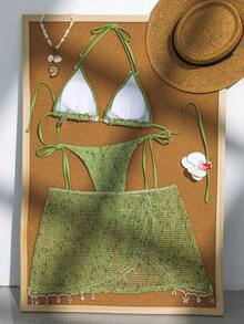 Women's Bikini Set, Crochet Ribbon & Shell Decor Halter Backless Bikini, Bohemian Style Crochet Ribbon & Shell Decor Adjustable Drawstring Vacation Dress - Bright Green - View 5