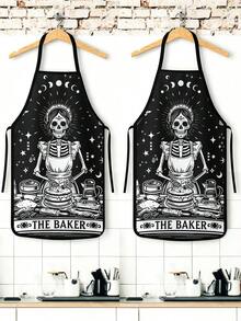 2Pcs Gothic Halloween Skeleton Baker Print Kitchen Apron, Reversible Black & White Skull Pattern Cooking Bib, Waterproof Oilproof Stain Resistant Chef Apron For Baking Grilling, Spooky Tarot Style Home Kitchen Decor & Halloween Party Gift - Multicolor - View 10