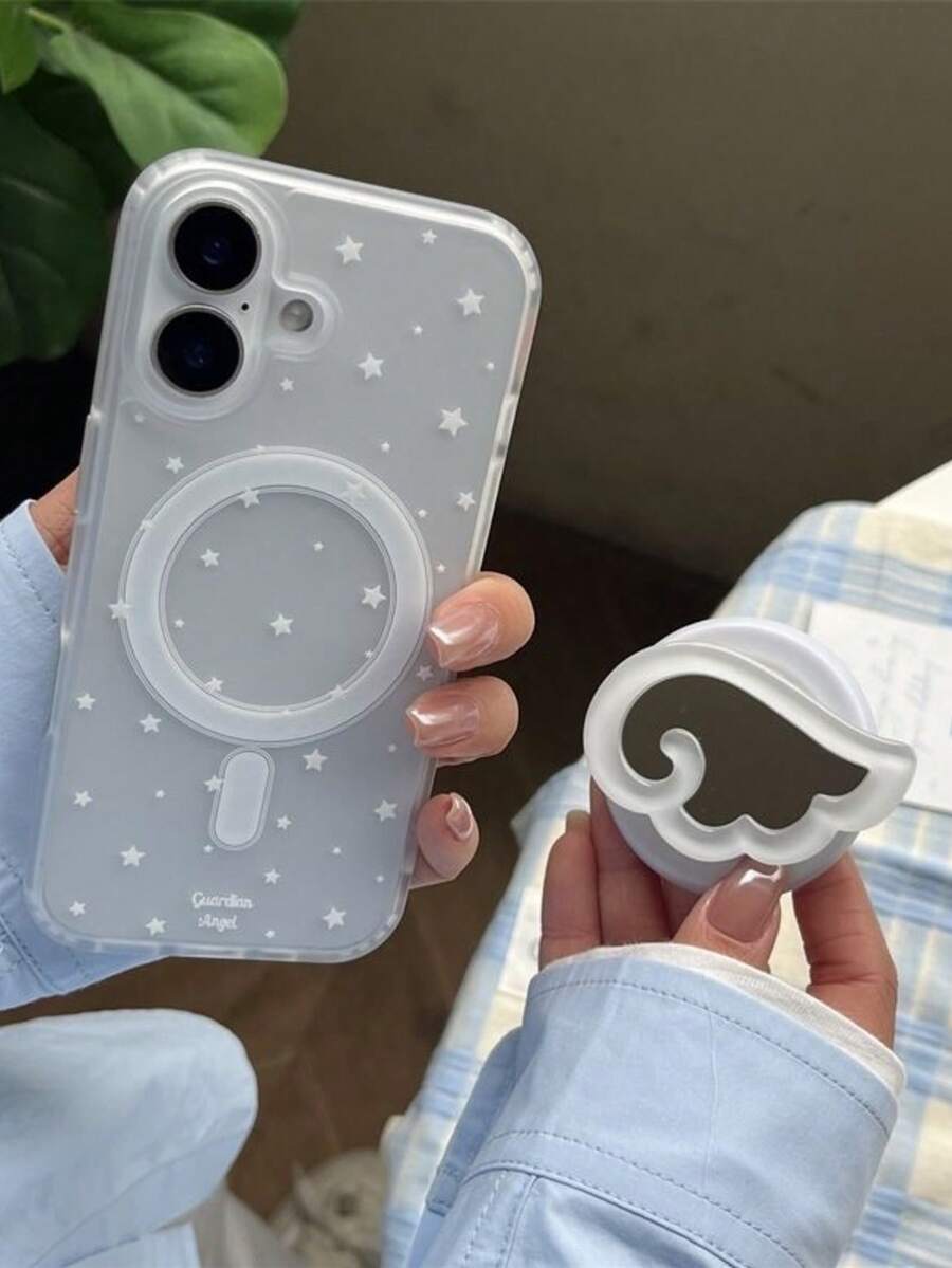 Star Angel Wings With Mirror Magnetic Stand, Compatible With All Phone Models 16 And 17 Series - White - View 1