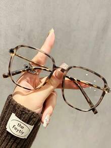 Kacamata Unisex Retro Glossy Black Oversized Polygon Frame, Dekorasi Logam, Membuat Wajah Tampak Lebih Ramping, Warna Solid, Cocok untuk Kantor dan Pemakaian Sehari-hari - Clear - View 10