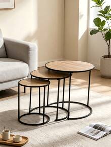 Three Pieces Nested Iron Side Table Set With Round Wooden Tabletops Of Staggered Sizes, Stackable For Space-Saving Use. Ideal As Sofa Side Tables In Living Rooms, Sturdy And Wear-Resistant, With Tiered Dimensions To Meet Diverse Storage Needs. - Random Color - View 2
