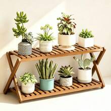 1 pieza Soporte de plantas rústico de 2 niveles de madera, color marrón/natural opcional, estante de exhibición de macetas, estantería multifuncional para interiores/exteriores, adecuado para balcón, jardín, sala de estar, 50cm/70cm opcional - A - Ver 10