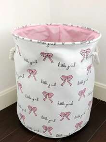 1pc Bowknot Decor Fabric Foldable Storage Basket Laundry Hamper - White - View 1