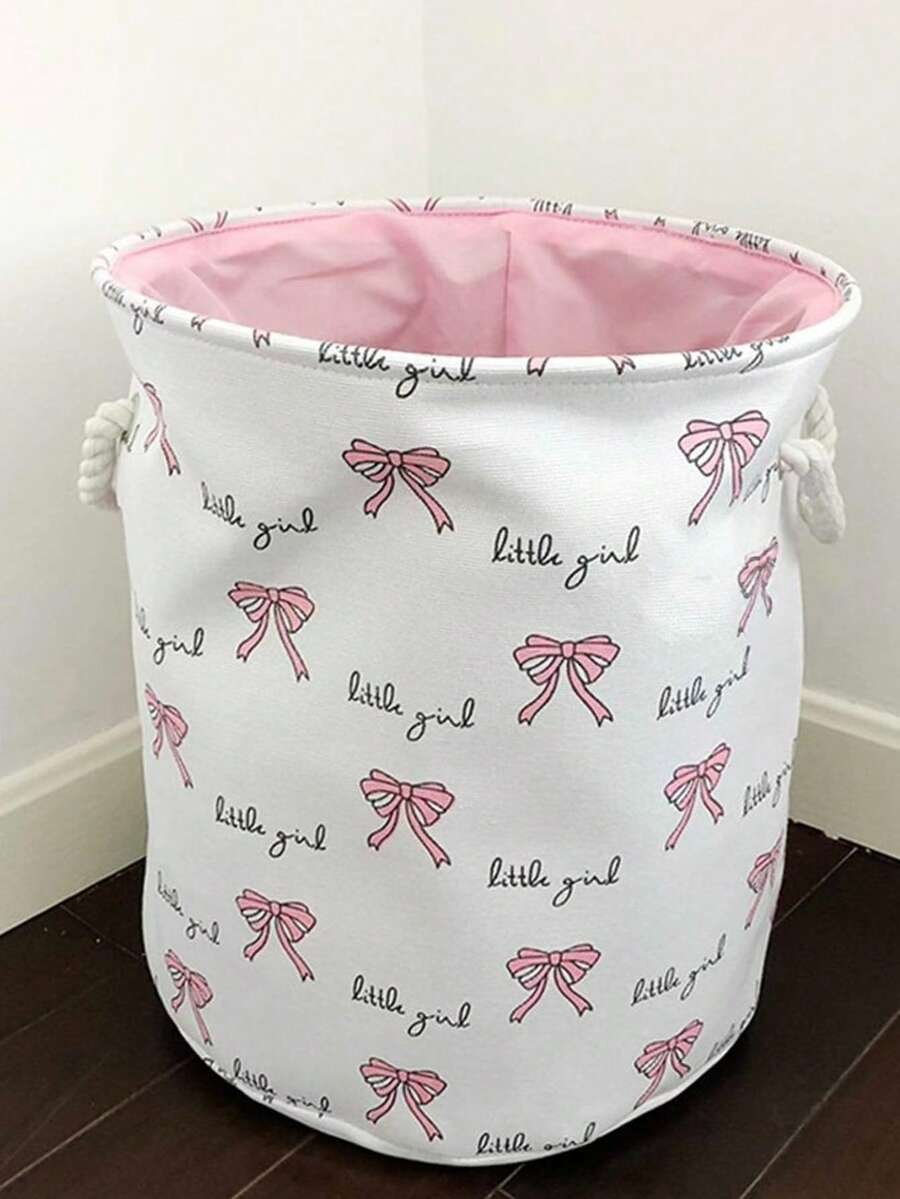 1pc Bowknot Decor Fabric Foldable Storage Basket Laundry Hamper - White - View 1