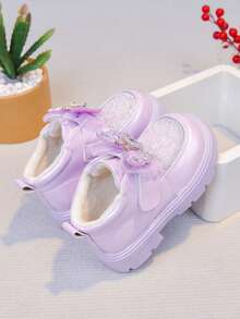 1 Pair Girls' Princess Ankle Boots, Thermal Lined Thickened, Bowknot Hook & Loop, Warm Low-Top Boots For Winter - Purple - View 5