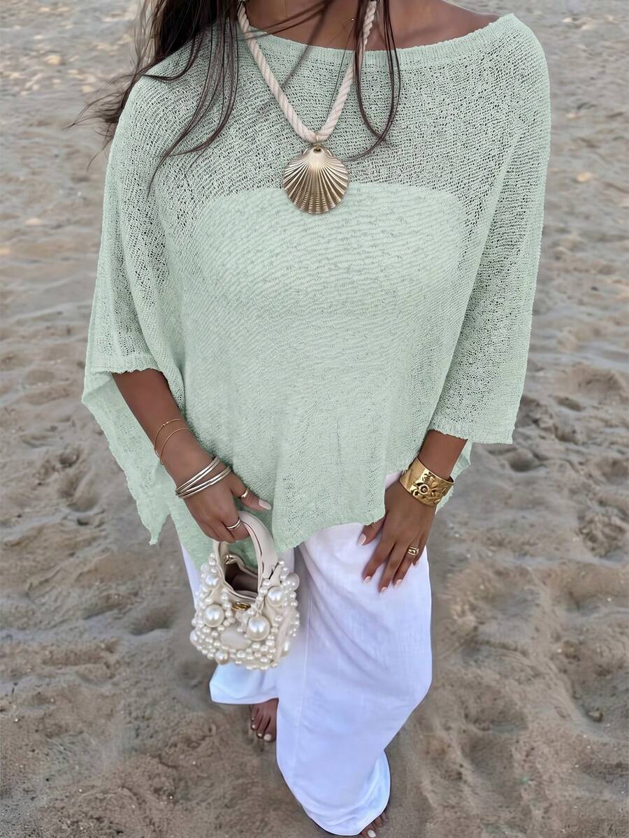 Vacation Beach Solid Color Asymmetric Hem Knit Top - Mint Green - View 1
