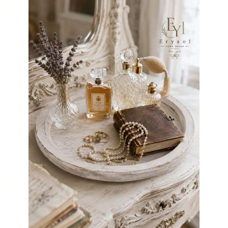 Rustic Round Wooden Decorative Tray, Modern Farmhouse Coffee Table Centerpiece, Solid Wood Catchall Tray For Vanity Perfumes & Keys, Boho Candle Holder Serving Platter - Distressed White - View 1