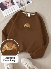 French Minimalist Girl Crew Neck Sweatshirt, Gold Croissant Applique Embroidery Soft Autumn/Winter Campus Top - Brown - View 2