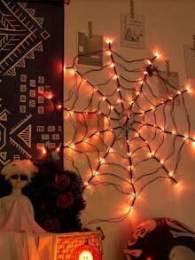 1pc Halloween Spider Web Light, Orange/Purple Realistic Spider Web Hanging Light, 70leds With Spider, Battery Operated, 8 Lighting Modes, Halloween Indoor Living Room Bedroom Wall Decoration Hanging Light, Yard And Porch Decoration, Create Halloween Party Spooky Atmosphere Decoration. - Multicolor - View 4