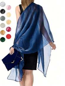 1 pieza Elegante y de moda Estilo de vacaciones Vestido de noche azul brillante con chal, Diseño de hombros de nube para novia, Adecuado para salidas diarias de mujeres y uso en fiestas nocturnas - Multicolor - Ver 1