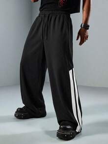 SU ER Men's Summer Casual Elastic Waist Drawstring Loose Drapey Lazy Wide Leg Long Pants - Black - View 3