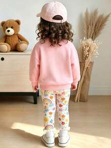 Bộ áo tay dài cổ tròn và quần legging in họa tiết cầu vồng hoạt hình cho bé gái - Hồng - Xem 2