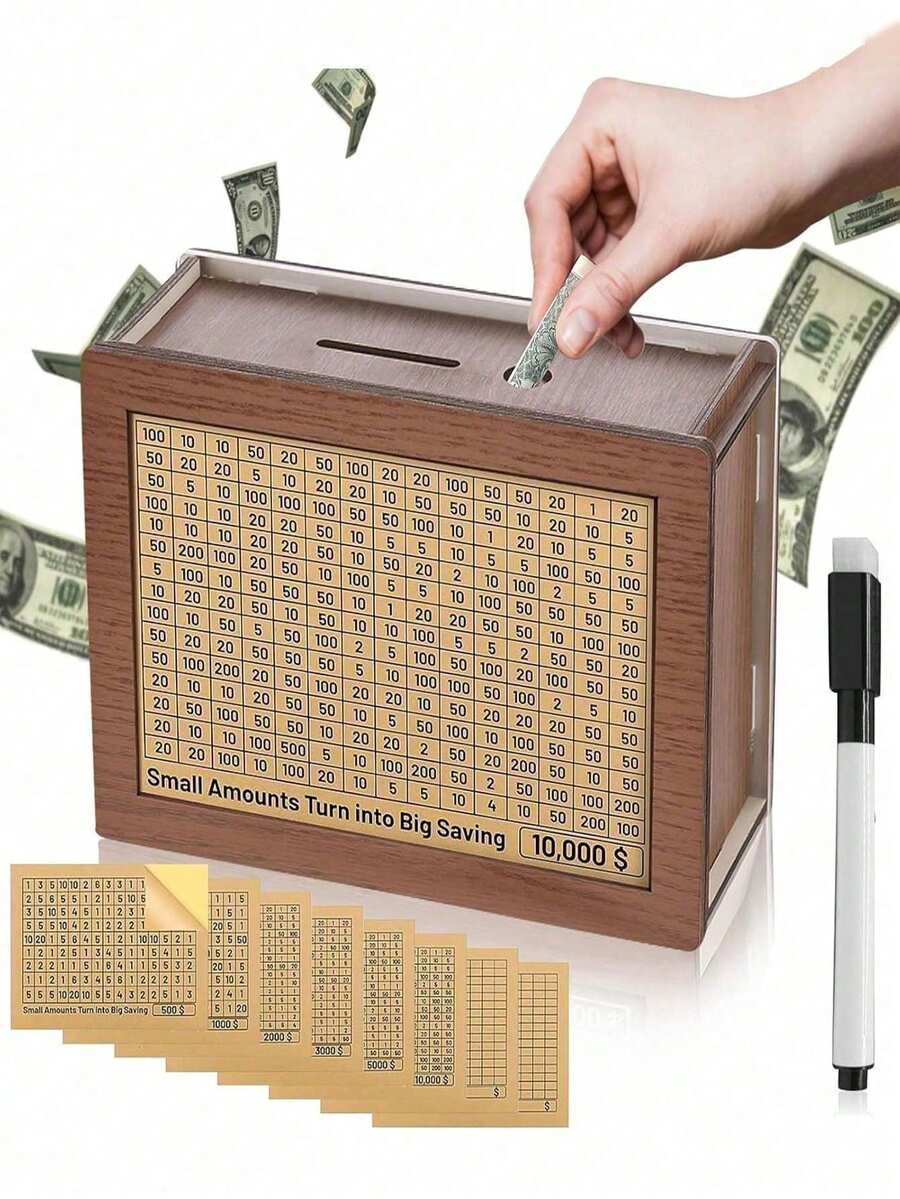Wooden Cash Savings Jar With Counting Goal, Unisex, School Supplies, Back To School - Multicolor - View 1