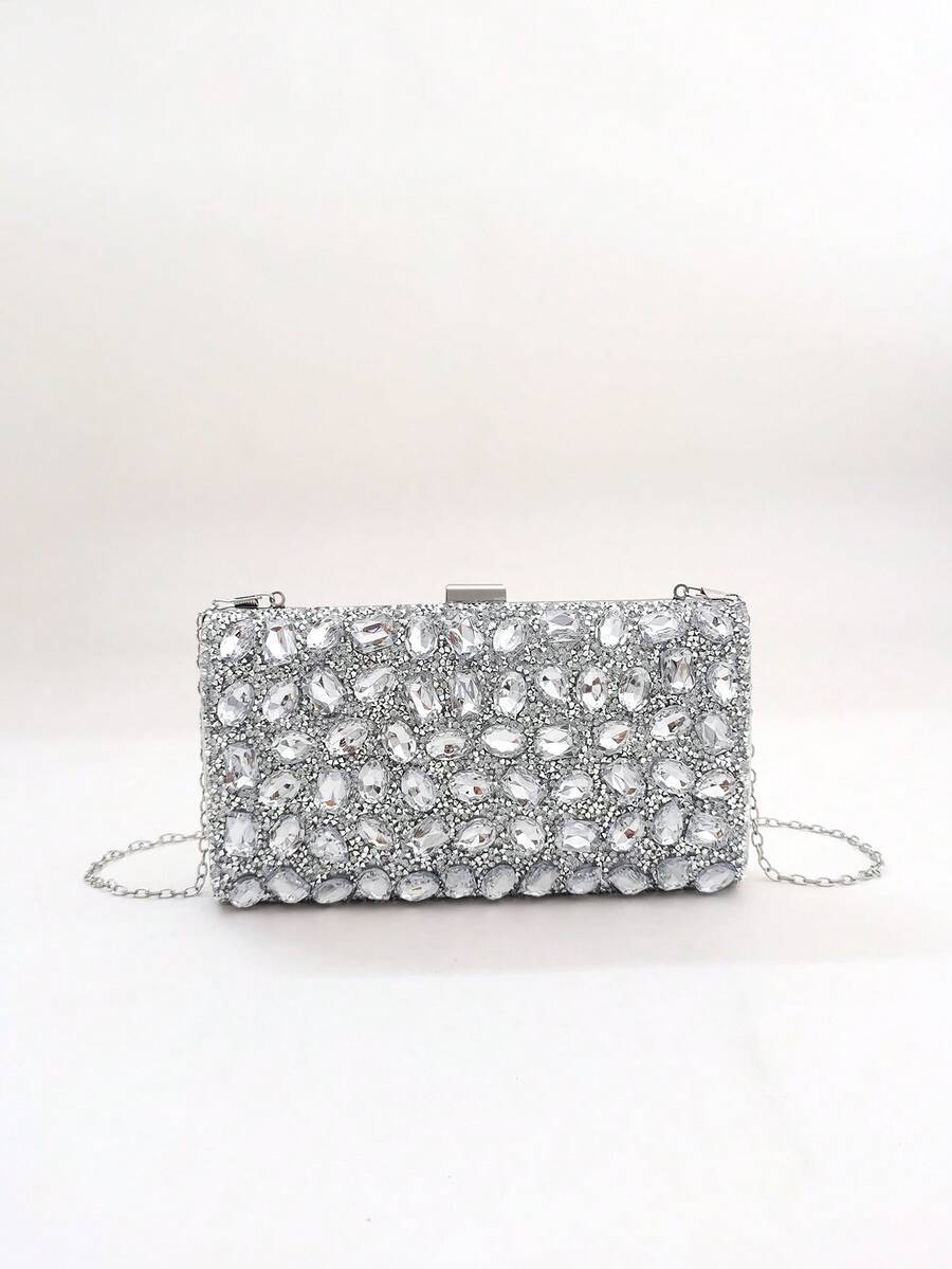 LJDCRFT Luxury Sparkling Diamond-Embedded Hardcase Handbag, Women's Formal Evening Bag For Weddings, Parties, Celebrations, And Cocktail Events - Silver - View 1