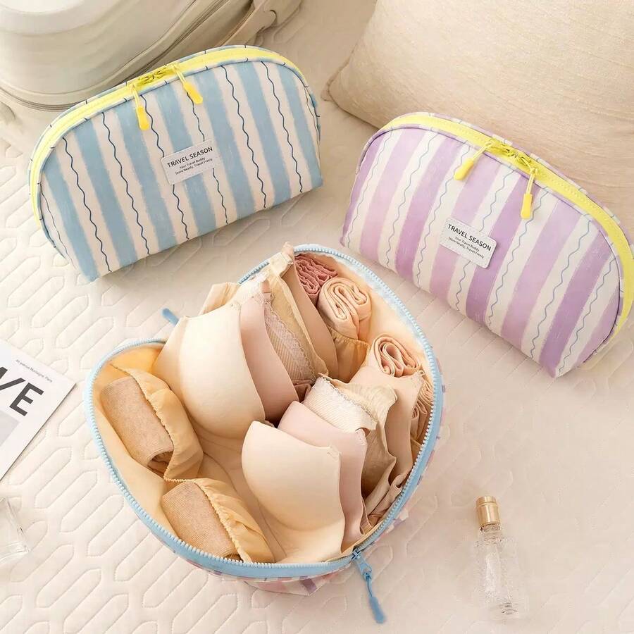 1 Buah Tas Penyimpanan Pakaian Dalam Perjalanan Kapasitas Besar, Kantong Organizer Bra Bergaris Warna Kontras, Kotak Pakaian Dalam Portabel untuk Perjalanan, Tersedia 4 Warna - View 1