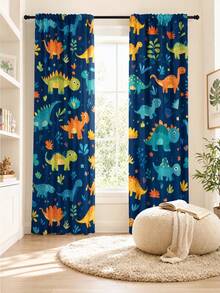 2pcs High Definition Digital Cute Cartoon Dinosaur Print Decorative Curtains, Polyester Material, Easy To Install, Rod Pocket Hanging, Semi-Transparent Privacy Protection, Machine Washable And Hand Washable, Suitable For Bedroom, Office, Kitchen, Living Room, Study, Home Decor. - Multicolor - View 5
