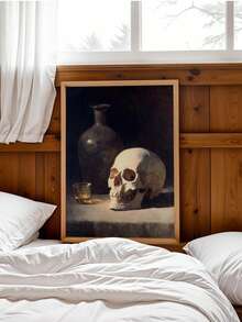 1pc Canvas Wall Art, Framed Wall Decor, Dark Academia Vintage Skull & Whiskey Bottle Still Life Oil Painting Canvas Wall Art, Gothic Gloomy Death Symbol Decor Painting, Suitable For Living Room, Bar, Study, Country Cottage Home Decor, Gift Option, Room Decor, Halloween Bedroom Decor, Home Decor, Horror Gothic Halloween Poster, Halloween Gift - Vintage Skull - View 7