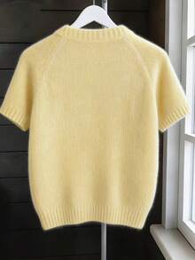 Plus Size Spring/Autumn Soft Fluffy Short Sleeve Knit Cardigan, Loose Drop Shoulder Textured Casual Daily Shopping Date Atmosphere Outerwear Sweater - Yellow - View 2