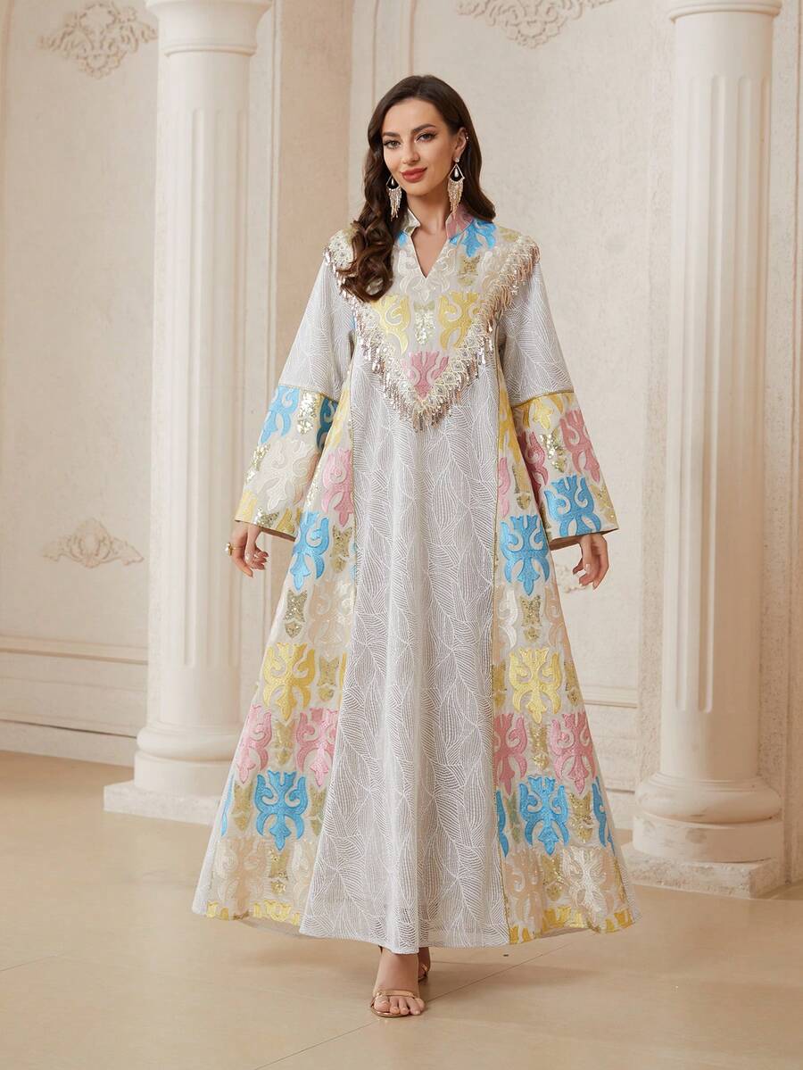 Women's Fashion Embroidered Mesh V-Neck Long Sleeve Dress Elegant Kaftan Fall - NC159 - View 1
