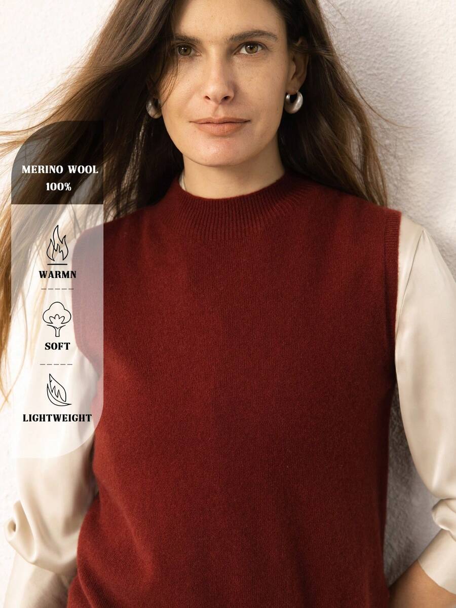 Chaleco de mujer 100% lana merino pura, top de punto sin mangas con cuello alto, capa base de lana, top básico, prenda de abrigo para invierno, jersey para primavera/otoño, jersey de invierno, jersey de punto elegante para mujer, jersey de lana de invierno - Rojo cinabrio - Ver 1