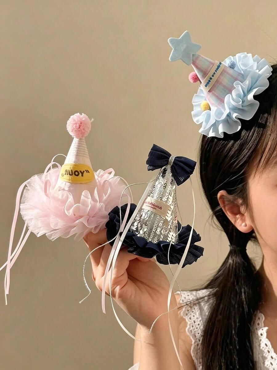 1件新款女孩願望蝴蝶結與星星生日帽髮夾 派對拍照道具裝飾頭飾 - 彩色 - 查看 1