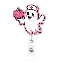 1pc Pink Ghost Retractable Badge Reel Acrylic Halloween Badge Clip Funny Healthcare ID Holder - Multicolor - View 5