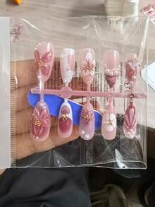 10pcs French Ombre 3D Floral Decor Water Wave Diamond Design Y2K Fresh Style Glossy Full Cover False Nails, Suitable For Spring, Almond Shape Acrylic Nail Stickers - Multicolor - View 3