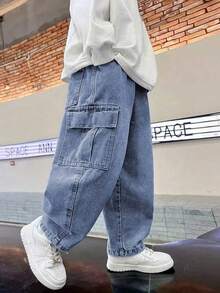 Straight Leg Fashion Casual Denim Jeans, Suitable For Boys, Street Style - Blue - View 4