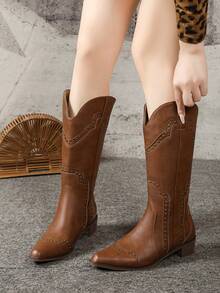 Women's Fashion Boots Khaki Chunky Heel Small Square Toe Vintage Rivet High Shaft Leggings Boots French Style Versatile Western Boots Riding Boots Tall Boots For Petite Brown - Brown - View 6