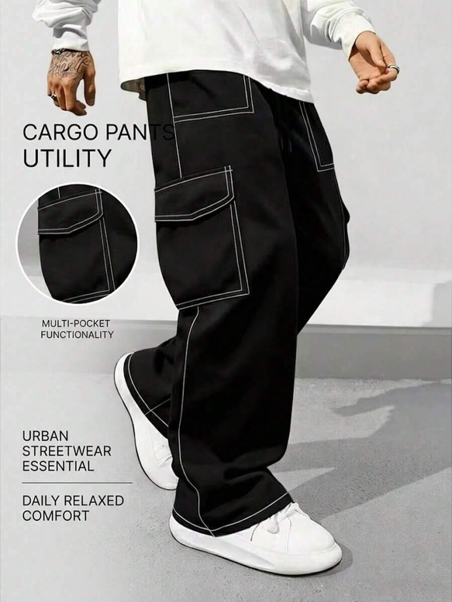 Celana Jogging Pria Model Lurus dengan Tali Serut dan Banyak Saku, Celana Panjang Kasual Luar Ruangan Warna Hitam untuk Olahraga - Hitam - View 1