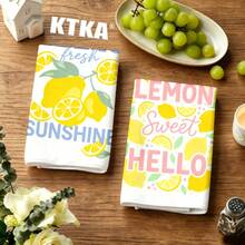 2PCS Lemon & Letter Print Kitchen Towels, Soft & Absorbent Reusable Cleaning Cloths, Machine Washable, Housewarming Gift & Home Decor, Kitchen Accessories. - Multicolor - View 3
