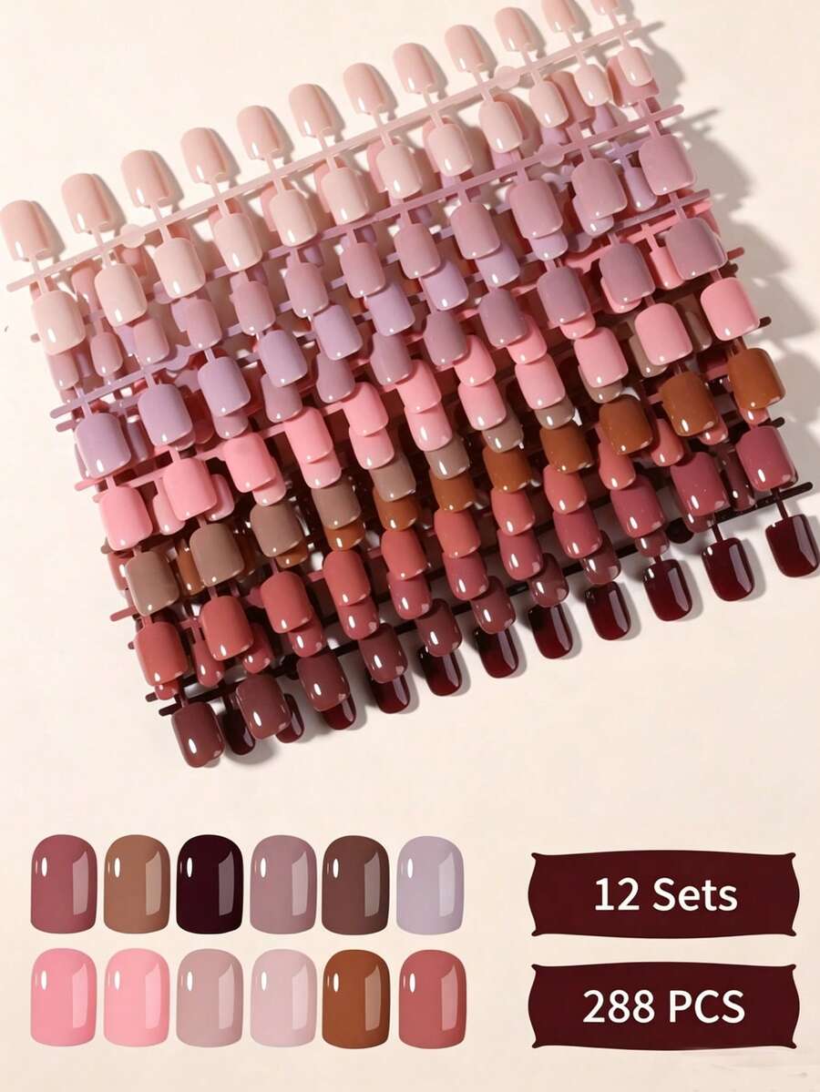 288 pièces (12 couleurs) Pointes d'ongles à coller de couleur unie rectangulaires, marron, marron clair, kaki, camel, ensemble de faux ongles acryliques courts parfaitement ajustés, convient aux femmes et aux filles pour le travail quotidien, les fêtes de vacances et autres occasions - Multicolore - Voir 1