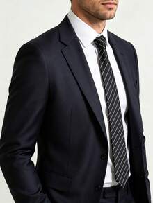 1件男士手工製黑色配白色斜條紋領帶，正式西裝搭配條紋領帶，商務男士領帶，職場婚禮領帶，專業正式配件 - 黑色 - 查看 2