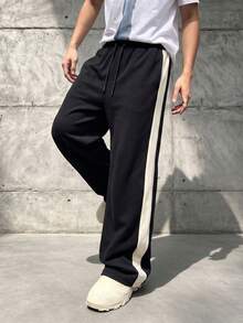 SU ER Men's Summer Casual Drawstring Elastic Waist Loose Drapey Lazy Wide Leg Long Pants - Black - View 4