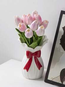 Elegant White Vase With Red Bow, Suitable For Hydrangea, Peony, Rose Bouquets, Modern Home Decor, Tabletop Centerpiece, Wedding Gift, Living Room Accent, Fashionable Style - Multicolor - View 3