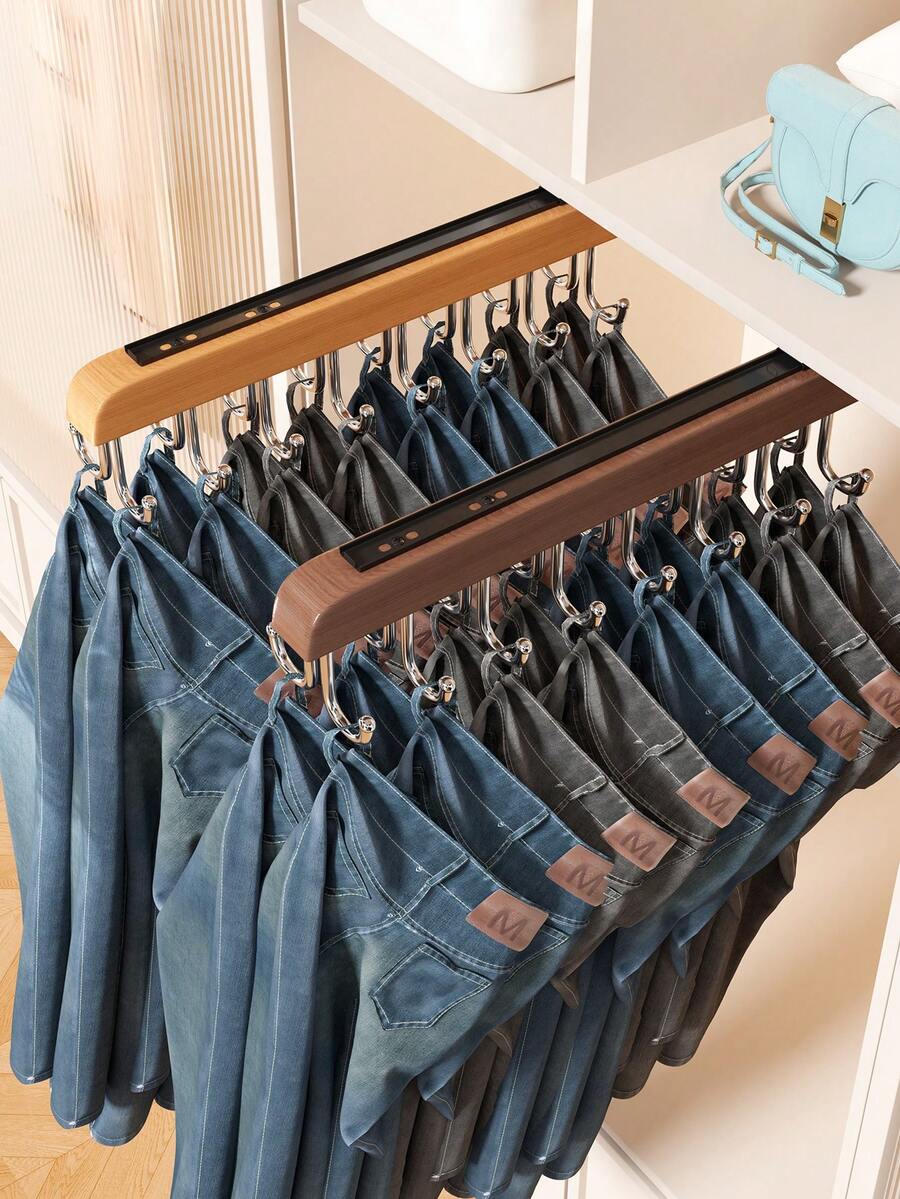 1 High-Quality Sliding Storage Hook, Space-Saving Multi-Functional Wooden Wardrobe Hanger, Drill-Free Sliding Design. Ideal For Pants, Jeans, Underwear, Bras, Hats, Scarves And Belts, Perfect For Bedroom Decor, Home, Dorm And Closet Organization